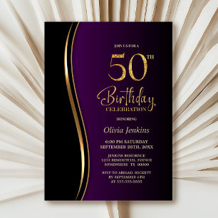 Invitación Black Gold Purple 50th Birthday Party