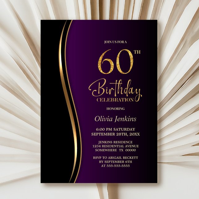 Invitación Black Gold Purple 60th Birthday Party (Subido por el creador)