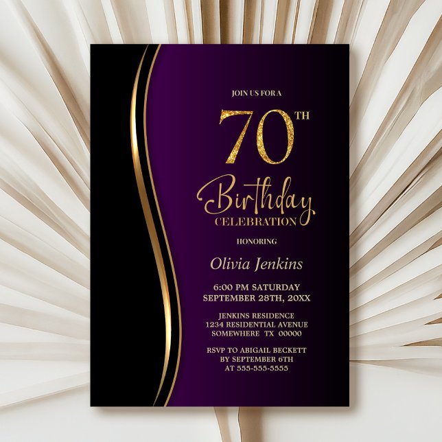 Invitación Black Gold Purple 70th Birthday Party (Subido por el creador)
