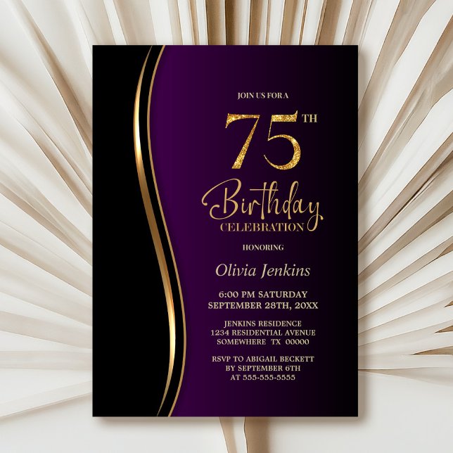 Invitación Black Gold Purple 75th Birthday Party (Subido por el creador)