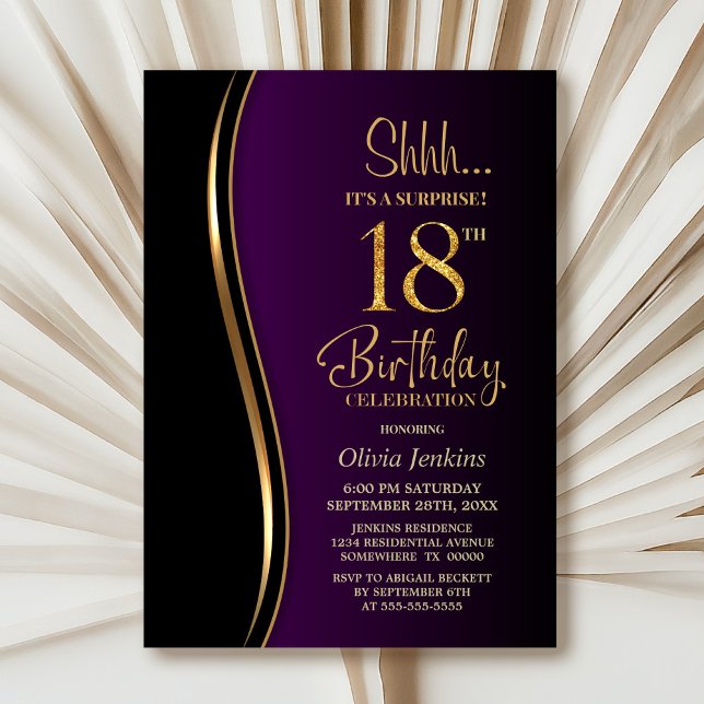 Invitación Black Gold Purple Surprise 18º cumpleaños (Subido por el creador)