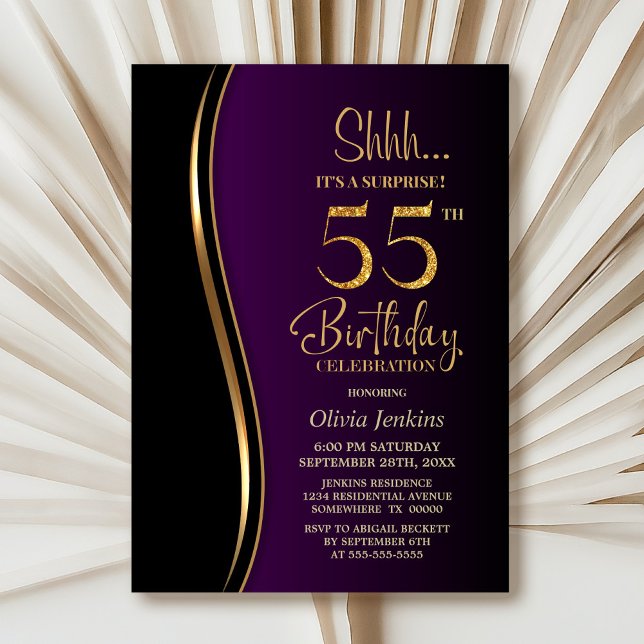 Invitación Black Gold Purple Surprise 55º cumpleaños (Subido por el creador)