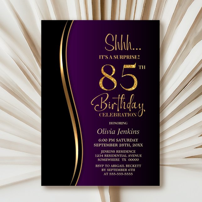 Invitación Black Gold Purple Surprise Cumpleaños 85 (Subido por el creador)