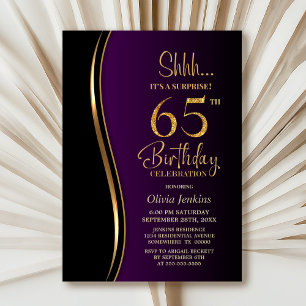 Invitación Black Gold Purple Surprise cumpleaños número 65
