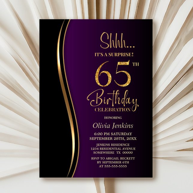 Invitación Black Gold Purple Surprise cumpleaños número 65 (Subido por el creador)