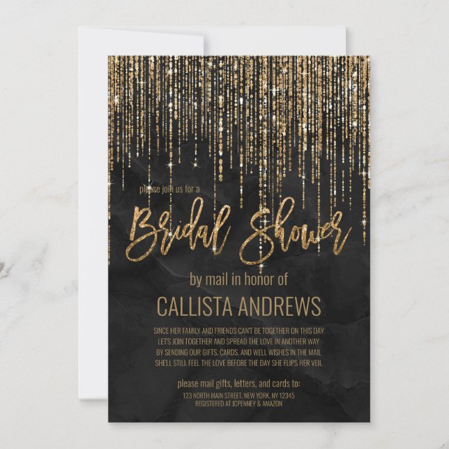 Invitación Black Gold Purpurina Pearl Marble Bridal Shower Ma (Anverso)