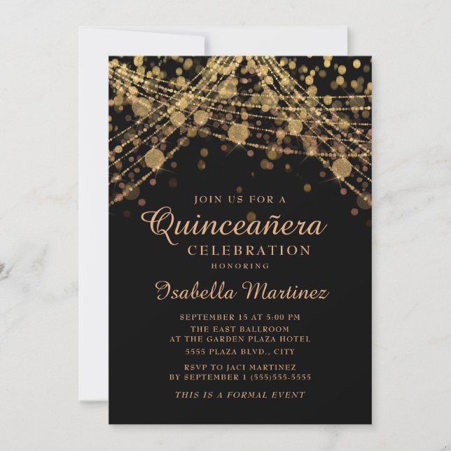 Invitación Black Gold Purpurina String ilumina Quinceañera (Anverso)