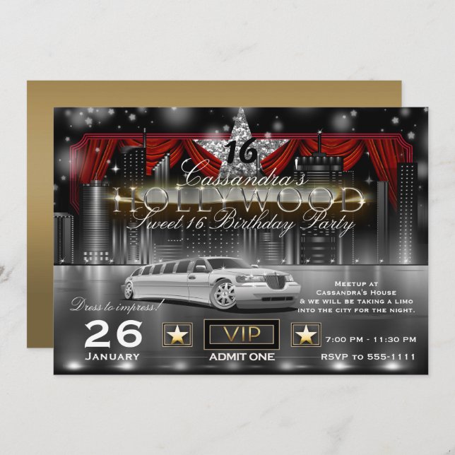 Invitación Black Gold Red City ilumina a Limo Hollywood Fiest (Anverso / Reverso)