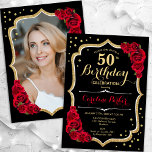 Invitación Black Gold Red Roses Foto 50 cumpleaños<br><div class="desc">Elegante invitación floral de 50 años con tu foto al fondo de la tarjeta. Diseño rojo y negro de cristal con oro falso purpurina. Cuenta con rosas rojas, fuente de guión y confiti. Perfecto para un elegante fiesta de celebración de cumpleaños. Personaliza con tus propios detalles. ¡Se puede personalizar para...</div>