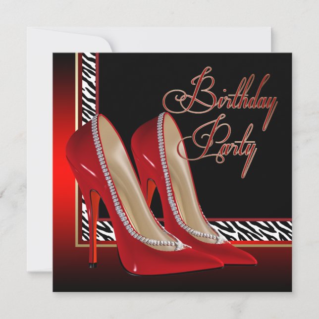 Invitación Black Gold Red Zebra High Heels Fiesta de cumpleañ (Anverso)