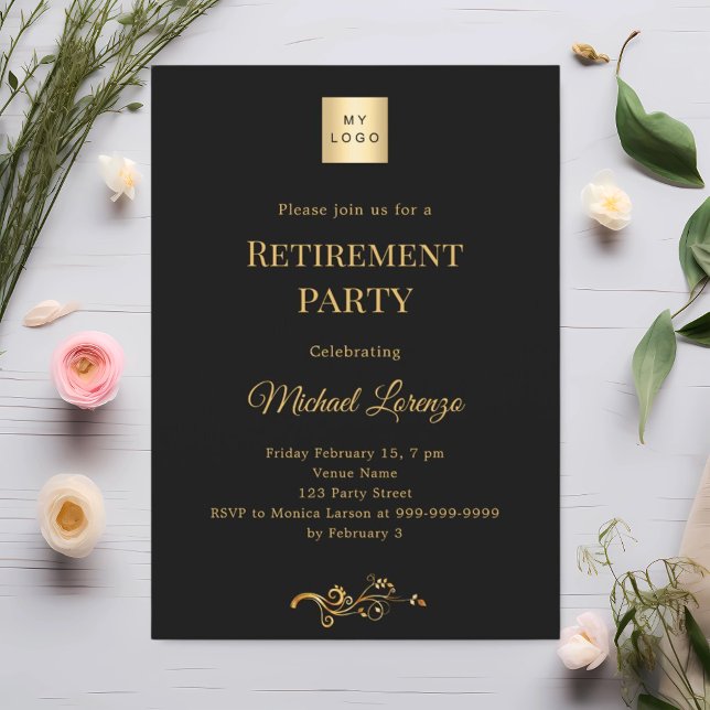 Invitación Black gold retirement party business logo (Subido por el creador)