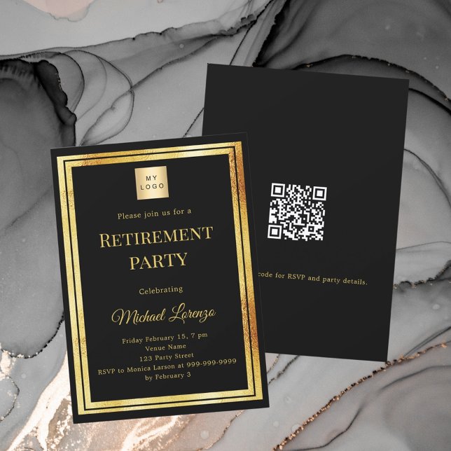 Invitación Black gold retirement party QR code business logo (Subido por el creador)