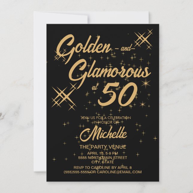 Invitación Black Gold Retro Golden Glamoroso 50 cumpleaños (Anverso)