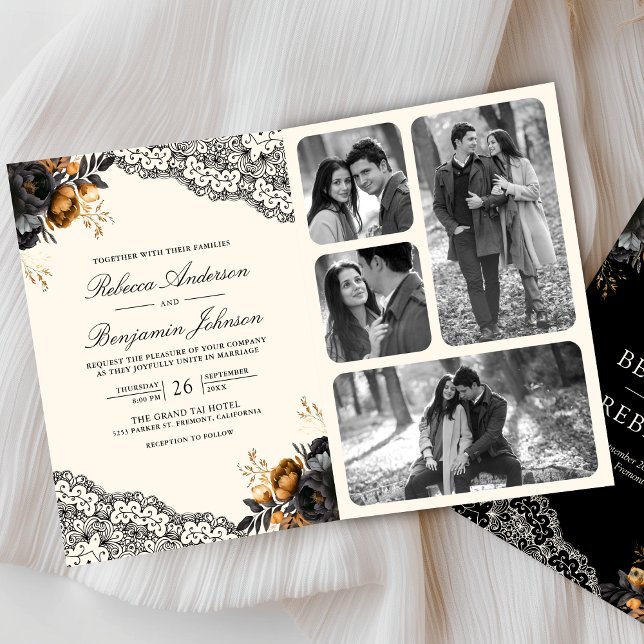 Invitación Black Gold Roses Lace Cream Gothic QR Code Wedding (Subido por el creador)