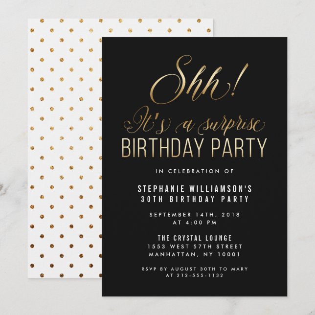 Invitación ¡Black & Gold Shh! Es una fiesta de cumpleaños sor (Anverso / Reverso)