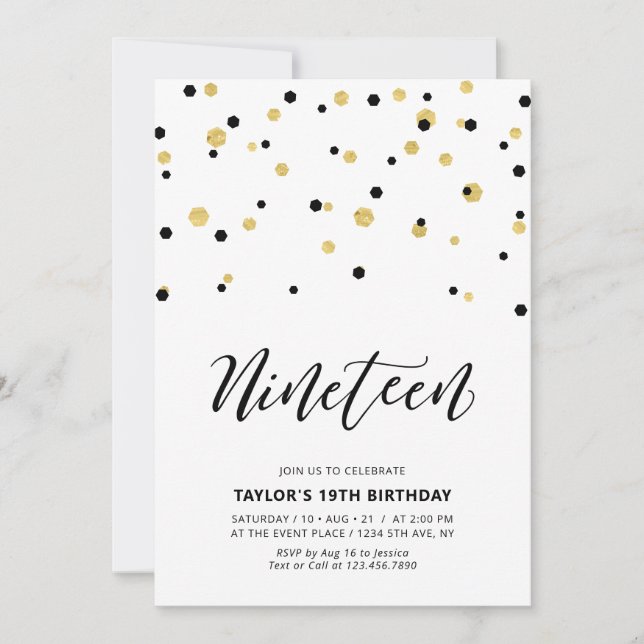 Invitación Black & Gold Simple 19ª fiesta de cumpleaños adole (Anverso)