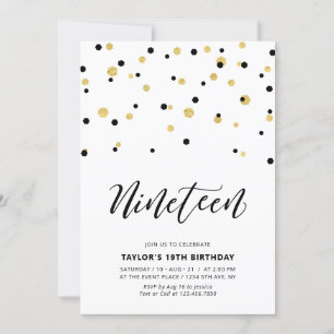 Invitación Black & Gold Simple 19ª fiesta de cumpleaños adole