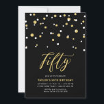 Invitación Black & Gold Simple Cincuenta y cincuenta años de<br><div class="desc">Celebra tu día especial con esta invitación mínima de fiesta de 50 años. Este diseño cuenta con un elegante guión de letras "Fifty" con confeti en forma de hexágono y una combinación en color negro y oro. Más diseños disponibles en mi tienda BaraBomDesign.</div>