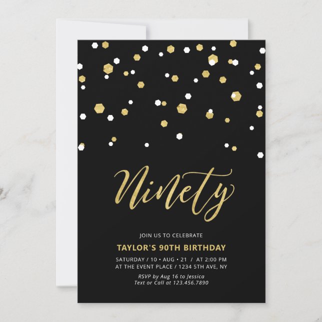 Invitación Black & Gold Simple Ninety 90th Birthday Party Inv (Anverso)