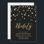 Invitación Black & Gold Simple Ninety 90th Birthday Party Inv<br><div class="desc">Celebra tu día especial con esta invitación mínima de cumpleaños número 90. Este diseño cuenta con un elegante guión de letras "Noventa" con confeti en forma de hexágono con una combinación en color negro y oro. Más diseños disponibles en mi tienda BaraBomDesign.</div>