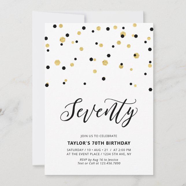 Invitación Black & Gold Simple Setenty 70th Birthday Party (Anverso)