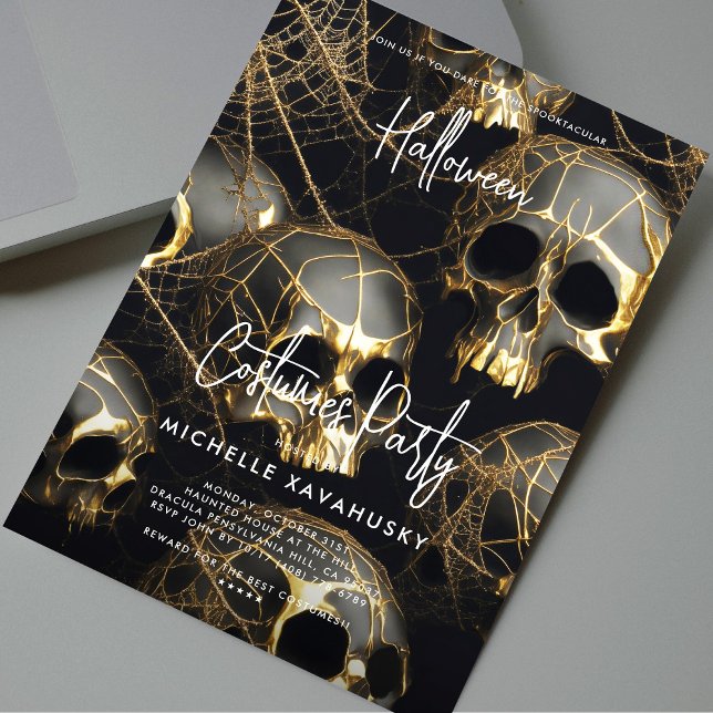 Invitación Black Gold Skull Adulto Halloween Party Moderno (Black Gold Skull Adult Halloween Party Modern Invitation
)