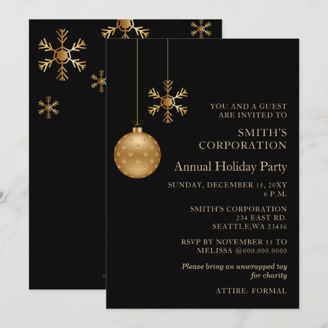 Invitación Black Gold Snflakes Corporate Holiday Party (Anverso / Reverso)