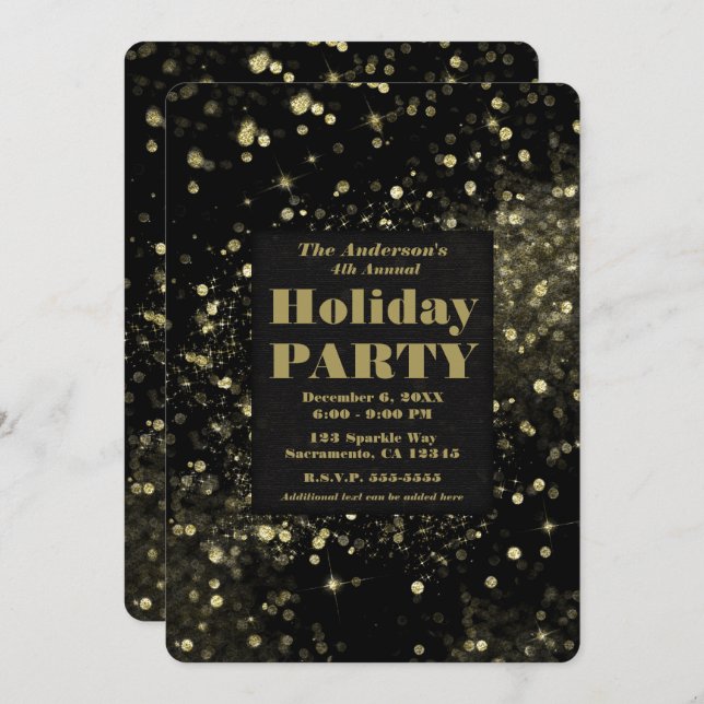 Invitación Black & Gold Sparkling Luces Glam Holiday Party (Anverso / Reverso)