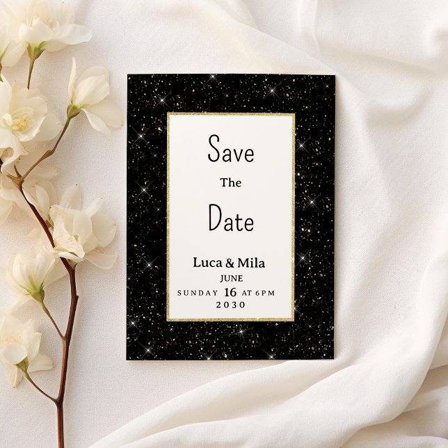 Invitación Black gold sparkly glitter confetti Save the Date (Black gold sparkly glitter confetti Save the Date)