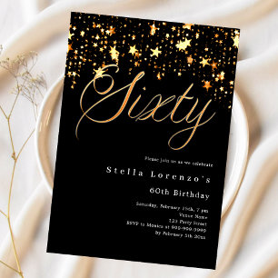 Invitación Black gold stars script 60 cumpleaños lujo