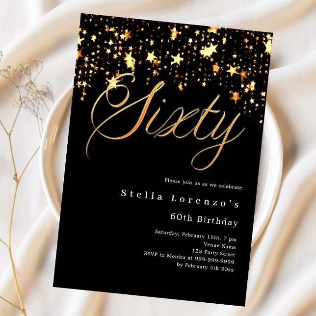 Invitación Black gold stars script 60 cumpleaños lujo (Subido por el creador)