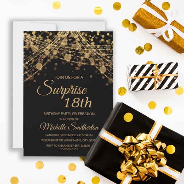 Invitación Black Gold String Lights Sorpresa 18 cumpleaños (Subido por el creador)