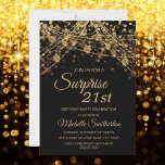 Invitación Black Gold String Luces Sorpresa 21 cumpleaños<br><div class="desc">Invitación a la fiesta de cumpleaños 21 para mujeres con brillantes luces de cuerdas de oro y chisporroteo en un atrevido fondo negro. Como el texto es personalizable, esta invitación está diseñada para una dama que está celebrando cualquier cumpleaños. (18, 21, 30, 40, 50, 60, 70, 80, 90, 100... o...</div>