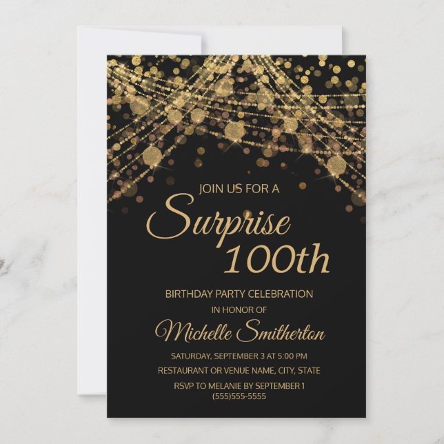 Invitación Black Gold String Lughts Surprise 100 cumpleaños (Anverso)