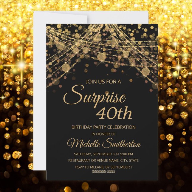 Invitación Black Gold String Lughts Surprise 40 cumpleaños (Subido por el creador)