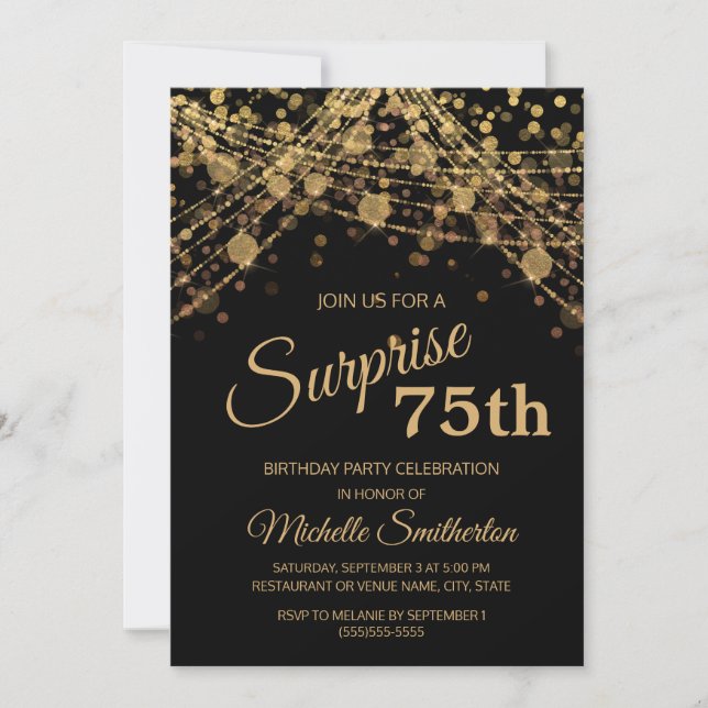 Invitación Black Gold String Lughts Surprise Cumpleaños 75 (Anverso)