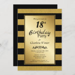 Invitación Black Gold Striped 18th Birthday Party<br><div class="desc">Un elegante purpurina negro y dorado a rayas la invitación a la fiesta de cumpleaños número 18.</div>