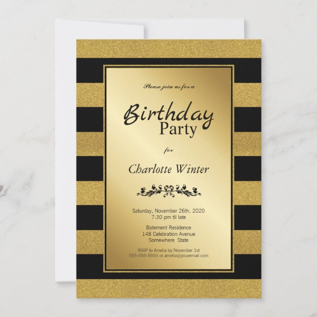 Invitación Black Gold Striped Any Age Birday Party (Anverso)