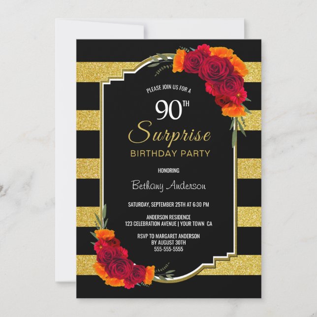 Invitación Black Gold Striped Floral Surprise 90 cumpleaños (Anverso)