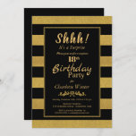 Invitación Black & Gold Striped Sorpresa 18th Birthday Party<br><div class="desc">Un elegante purpurina negro y dorado a rayas sorprendió la invitación a la fiesta de cumpleaños número 18.</div>
