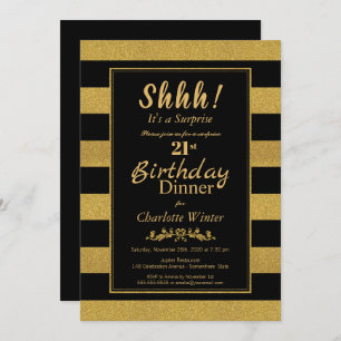Invitación Black & Gold Striped Sorpresa 21ª cena de cumpleañ