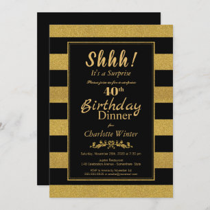 Invitación Black & Gold Striped Sorpresa 40 cumpleaños cena