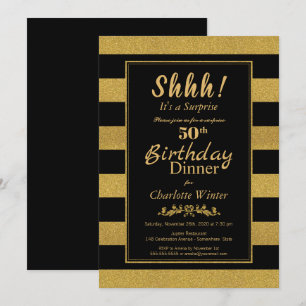 Invitación Black & Gold Striped Sorpresa 50 cumpleaños cena