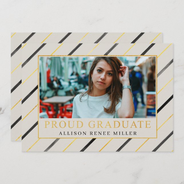 Invitación Black Gold Stripes Modern Elegant Photo Graduation (Anverso / Reverso)