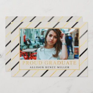 Invitación Black Gold Stripes Modern Elegant Photo Graduation
