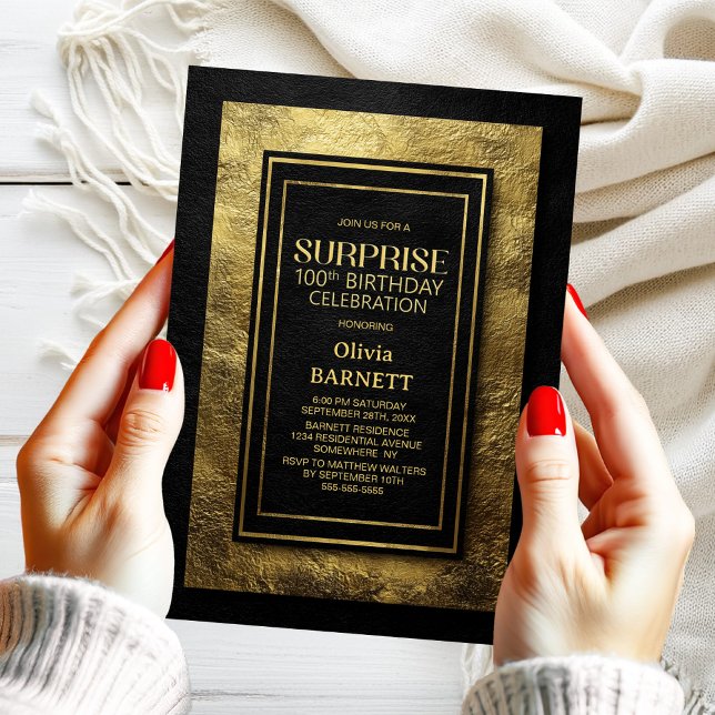 Invitación Black Gold Surprise 100th Birthday Party (Subido por el creador)