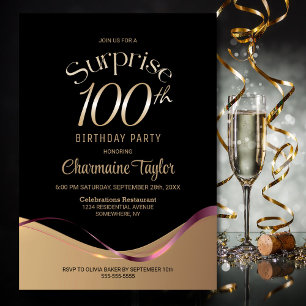 Invitación Black Gold Surprise 100th Birthday Party