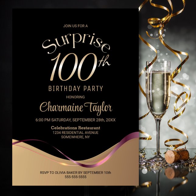 Invitación Black Gold Surprise 100th Birthday Party (Subido por el creador)