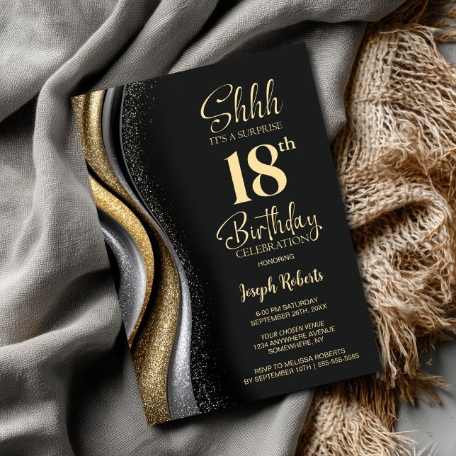 Invitación Black Gold Surprise 18th Birthday Party (Subido por el creador)