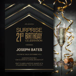 Invitación Black Gold Surprise 21st Birthday<br><div class="desc">Organice su sorprendente celebración del 21º cumpleaños e invite a sus huéspedes con esta elegante invitación a la fiesta de 21º cumpleaños con sorpresa en negro y oro.</div>